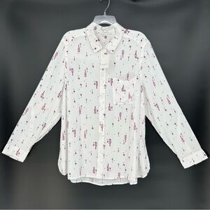 Beach Lunch Lounge Womens Top Wine Theme Print Long Roll Tab Sleeve Button Up